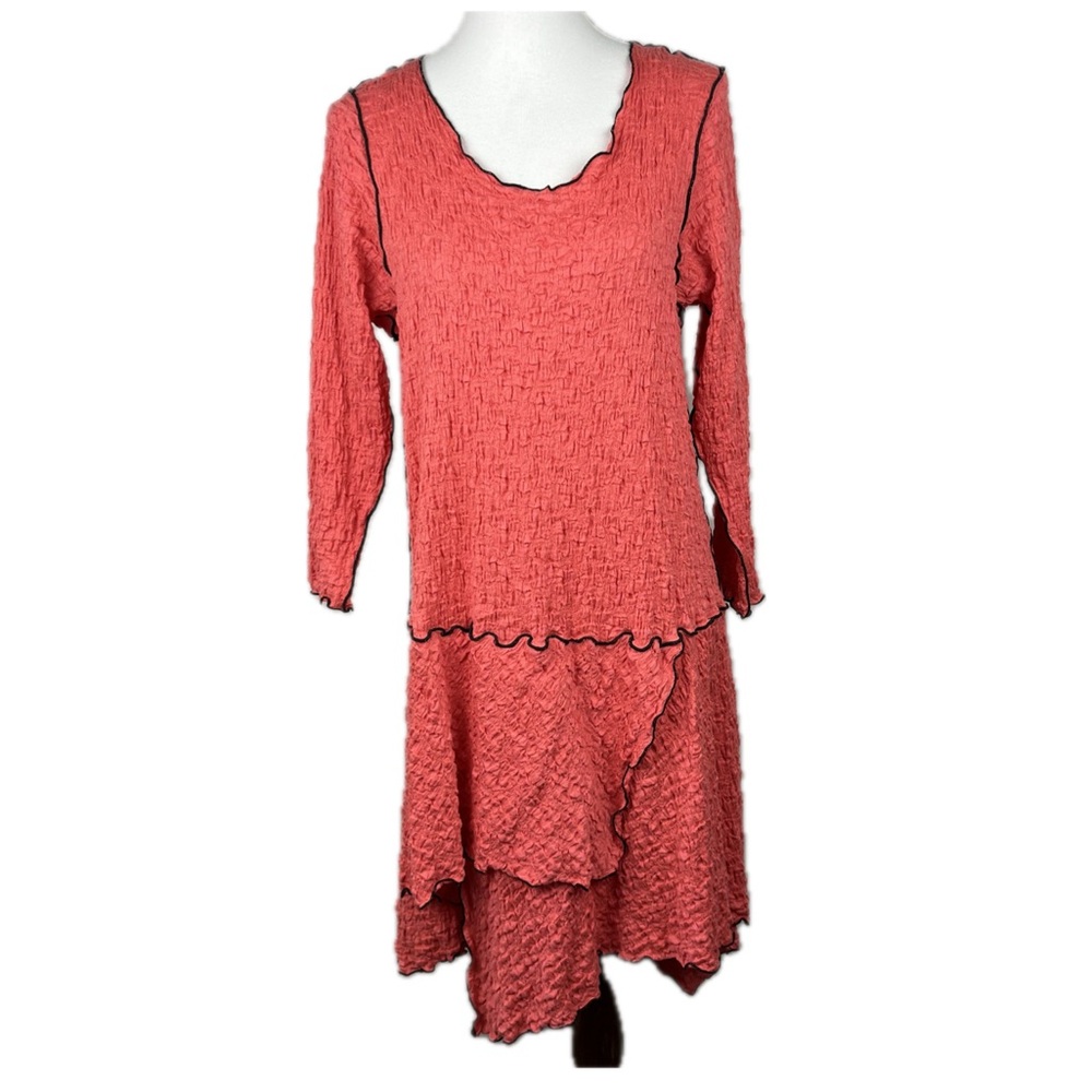 Noblu Coral Origami Pucker Tunic Dress Size L Boho Lagenlook Artsy 3/4 Sleeve